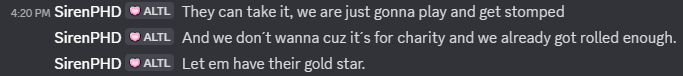 A little known fact - my little charity tournament also was FF'd vs the Gopher Goats. No tone over text, but just thinking the "Let em have their gold star" was dripping with sarcasm. Just... putting this here.