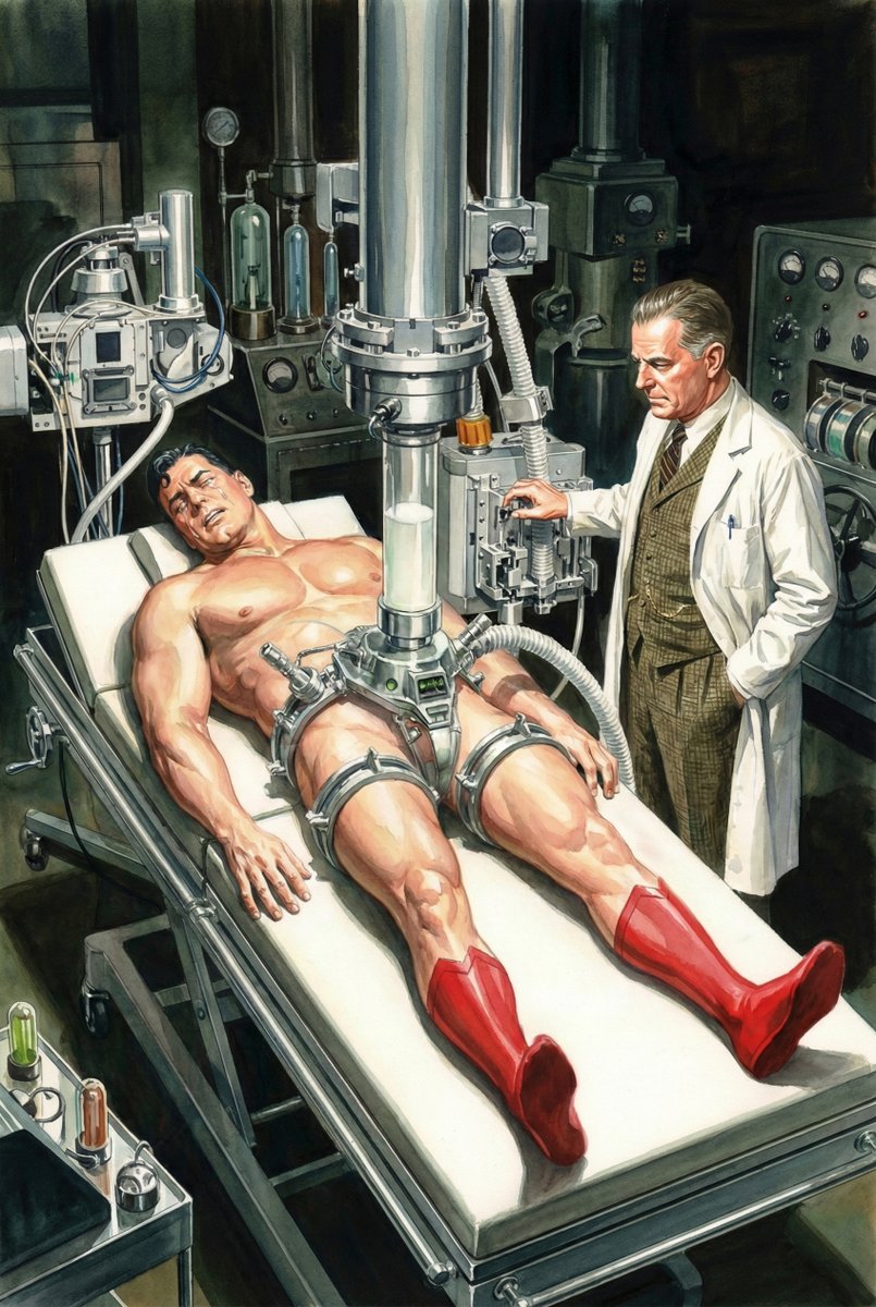 Kal-El's superhuman reproductive system finally met its match in this merciless machine. A near-perfect vacuum relentlessly sucked out his essence while the Kryptonian testis were subjected to constant brutal pressure 24/7... He's dying in an endless cycle of orgasms and agony!