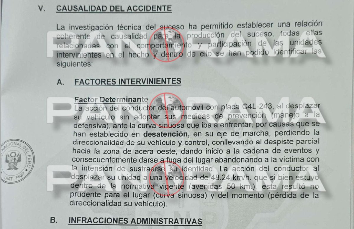 PanoramaPTV's tweet photo. ¿A qué VELOCIDAD iba Adrián Villar?

La Policía ha realizado un cálculo y la establece en 48.24 km/h, suficiente para que su accionar junto con la imprudencia y huída de Villar segara la vida de Lizeth Marsano.👇
