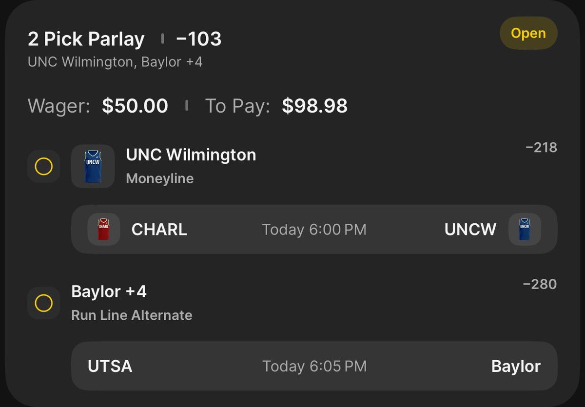 BuildRoll24's tweet image. 🏀 NCAAM &amp;amp; ⚾️ NCAAB FREE PLAY 03-01-26 

- We like UNC Wilmington to take care of business tonight at home, &amp;amp; Baylor should be able to keep this one close with RHP Cade Hanson on the bump.

❤️ = Tailing 

#CollegeBasketball #CollegeBaseball #GamblingCommunity