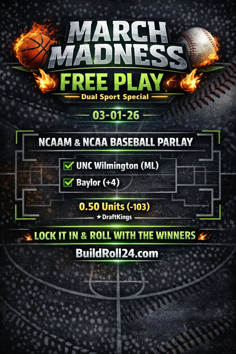 BuildRoll24's tweet image. 🏀 NCAAM &amp;amp; ⚾️ NCAAB FREE PLAY 03-01-26 

- We like UNC Wilmington to take care of business tonight at home, &amp;amp; Baylor should be able to keep this one close with RHP Cade Hanson on the bump.

❤️ = Tailing 

#CollegeBasketball #CollegeBaseball #GamblingCommunity