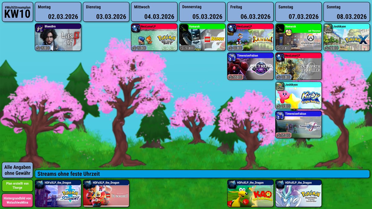 Meine Freunde, hier ist der #MultiStreamplan x #knorkeStreamplan der Kalenderwoche 10.
Auch dieses mal wieder mit <a href="/BluesBroStreams/">bluesb.ro/official</a> , <a href="/HDFoXLPDragon/">HDFoXLP the Dragon</a> , <a href="/Joshikyon11/">Joshikyon</a> , <a href="/NeoLunarLP/">NeoLunarLP</a> , <a href="/TimensionFabian/">TimensionFabian</a>  und <a href="/vomarsk/">Vomarsk</a> .
Bis nächste Woche ^^
- Thorge