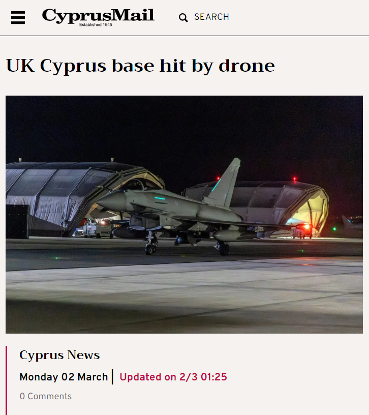 scandura's tweet photo. #Iran #estensione.
🔔 Ultimora del Cyprus Mail: "base UK colpita da un drone".

📍OSINT 2336z. Un caccia ✈️Eurofighter #LEROY015 🇬🇧 e un tanker ✈️ KC Voyager #RRR9964 🇬🇧 sono visibilmente tracciabili, attivi al largo della base RAF Akrotiri.

https://t.co/vQKFT2mZfV https://t.co/eCydwQ7Xzo