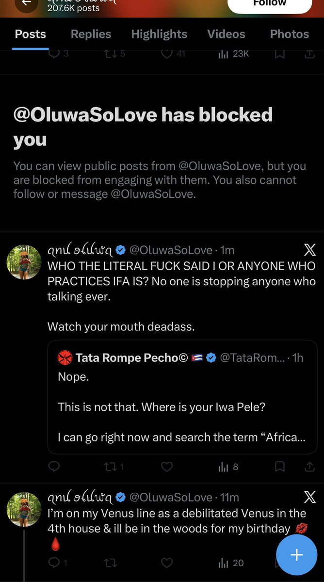 TataRompePecho's tweet photo. So how about that. First she calls me antiblack for wanting to represent ALL black traditions… Then she cusses at me… then she threatens me… and finally blocks me.

We can handle this like real spiritual elders since you wanna call yourself Oluwa and I’m a Tata.

Let’s exchange names and throw blows. Ima teach you to motherfucking respect your elders.