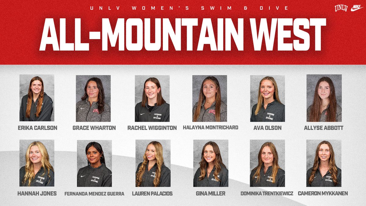 UNLV_Swim_Dive's tweet photo. Congrats to our 1️⃣2️⃣ Rebels & two relay teams that were named to the 2026 Mountain West All-Conference Team‼️🤩 This marks the squad’s sixth consecutive year with at least nine Rebel All-MW recipients😎
#JustGoOff https://t.co/qPEcQTYjtX