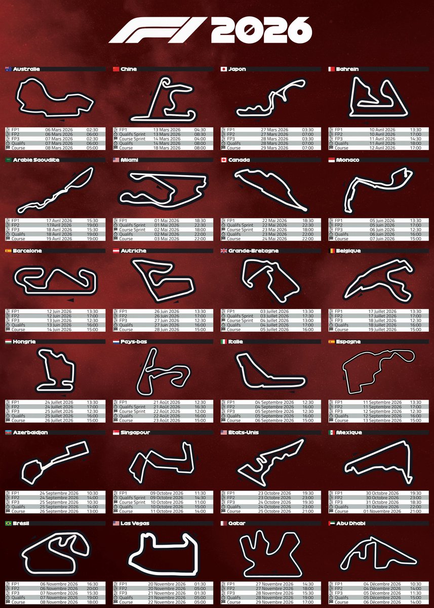 Tomazer's tweet photo. 📅 Calendrier Formula 1 2026

Le calendrier F1 2026 revisité en version design.
Suivre la saison avec style.
#F12026 #Formula1 #Motorsport #Racing #Design https://t.co/3p2087EqsM