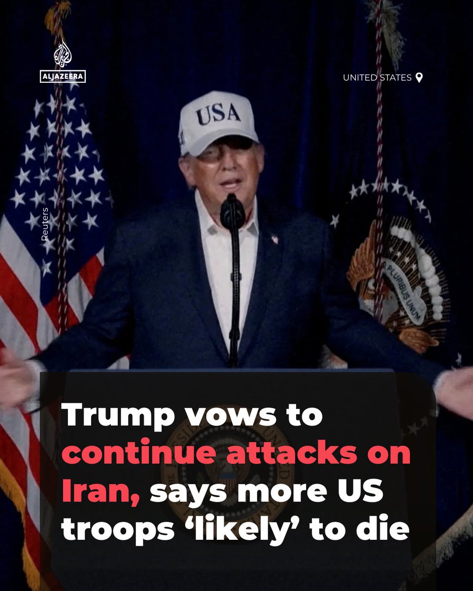 US President Donald Trump has pledged to continue the “righteous mission” against Iran, until “all objectives are achieved”, adding there will likely be more US troop deaths in the process.

🔗: aje.news/jpp42g