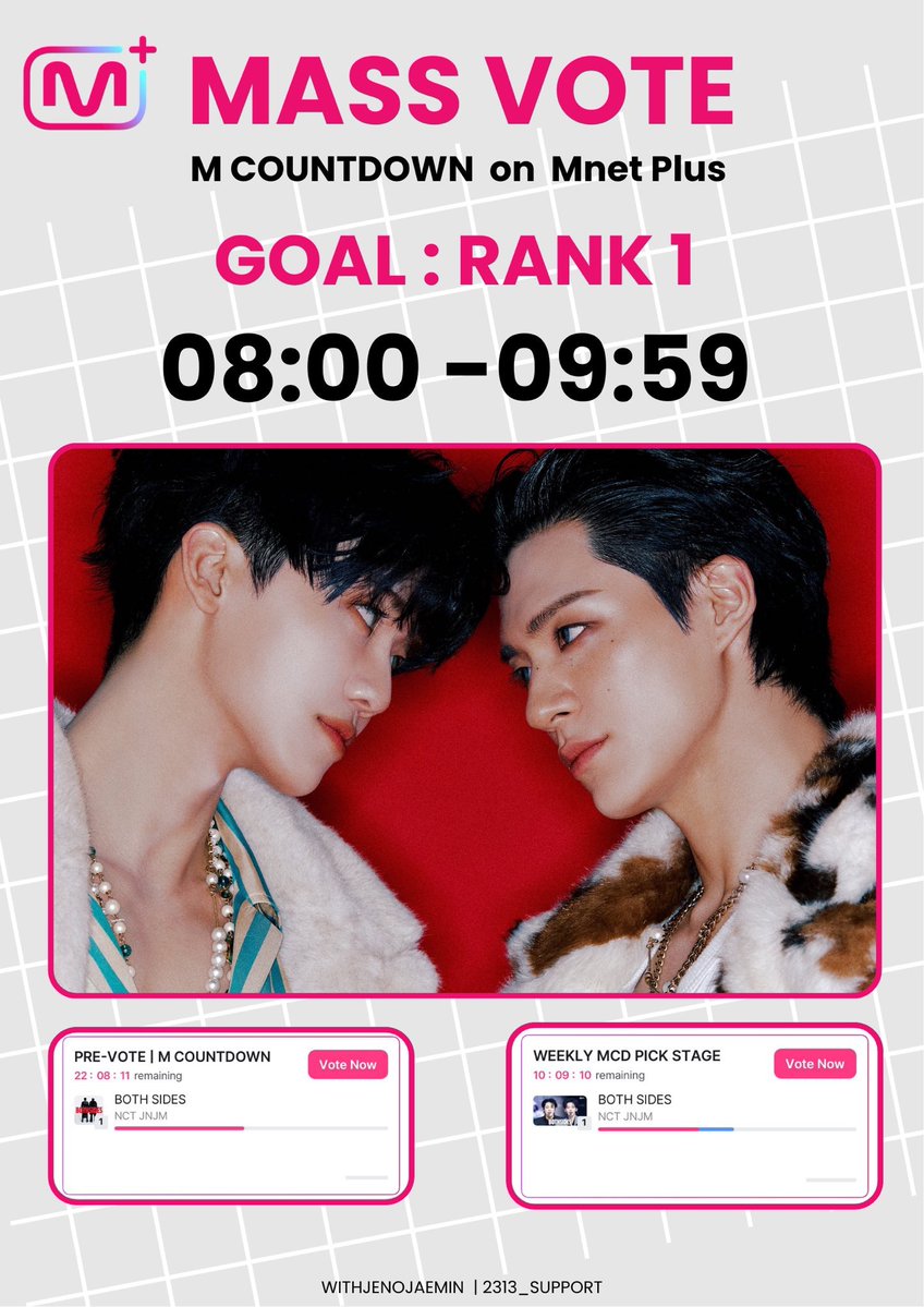 2313_SUPPORT's tweet photo. [🔥] MASS VOTE – MCD PICK STAGE & PRE-VOTE M COUNTDOWN ⋆˚ ☆ ݁˖ ★

Today we have MASS VOTING sessions to help reduce the gap and push Jeno & Jaemin to #1 🔥

🗓 08.00 - 09.59 WIB

We have many voting IDs available 💌

♡ Vote through the Mnet Plus app (both categories available)
♡ Limited to 1 ID per device / up to 5 

votes per day per category
📍 MCD PICK STAGE DAY
– Voting until March 2, 10.00 WIB

📍 PRE-VOTE M COUNTDOWN
– Voting until March 2, 21.59 WIB

If you need voting IDs, please DM @WITHJENOJAEMIN 🩷🩵
Let’s give our best for NCT JNJM’s first debut unit win together.
