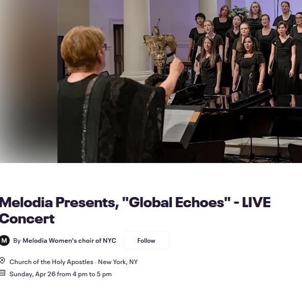 Our spring concert, 'Global Echoes,' is set for April 26 at 4 pm in Chelsea, NYC, at 296 Ninth Ave. You won't want to miss this beautiful collection of international music for women's voices. Get tix early! tinyurl.com/cf5p63ax