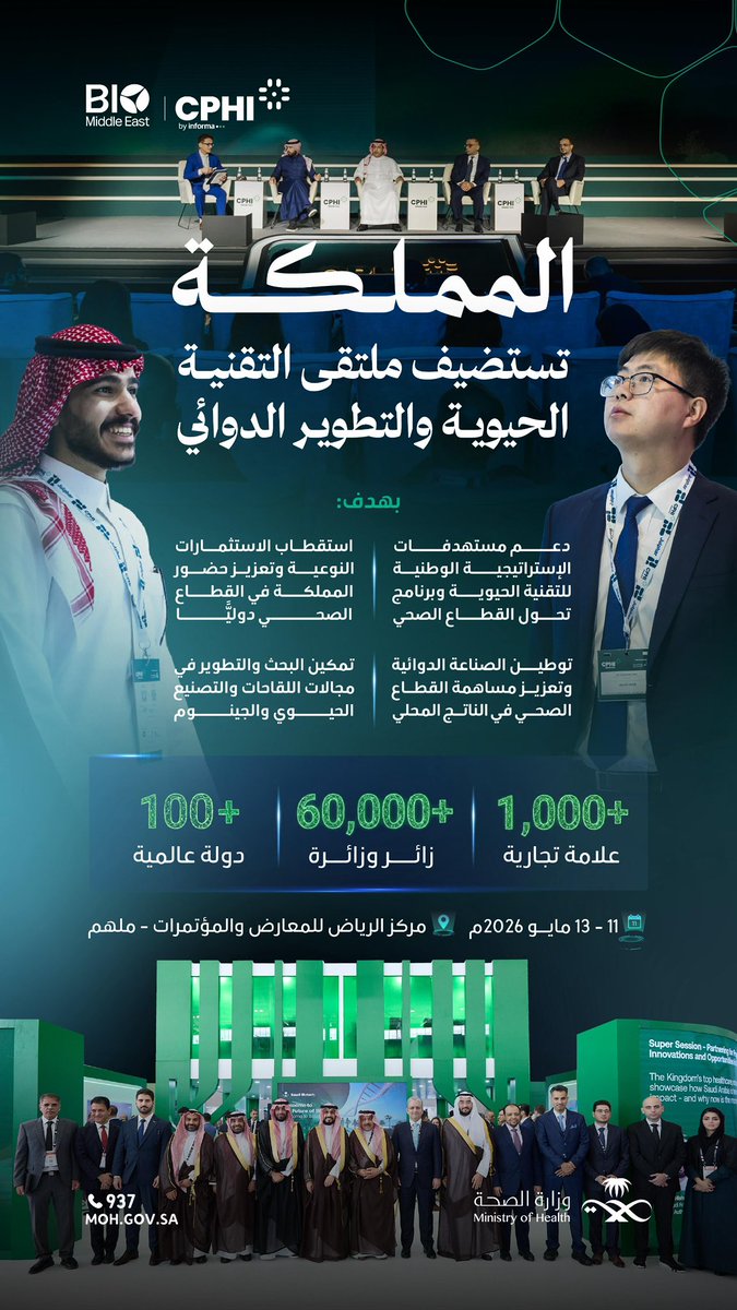 SaudiMOH's tweet photo. المملكة تستضيف أكبر ملتقى إقليمي للتقنية الحيوية والتطوير الدوائي «BIO / CPHI الشرق الأوسط» خلال الفترة 11 – 13 مايو، بمشاركة تتجاوز 60 ألف مشارك من أكثر من 100 دولة. https://t.co/d8auJtSpsC