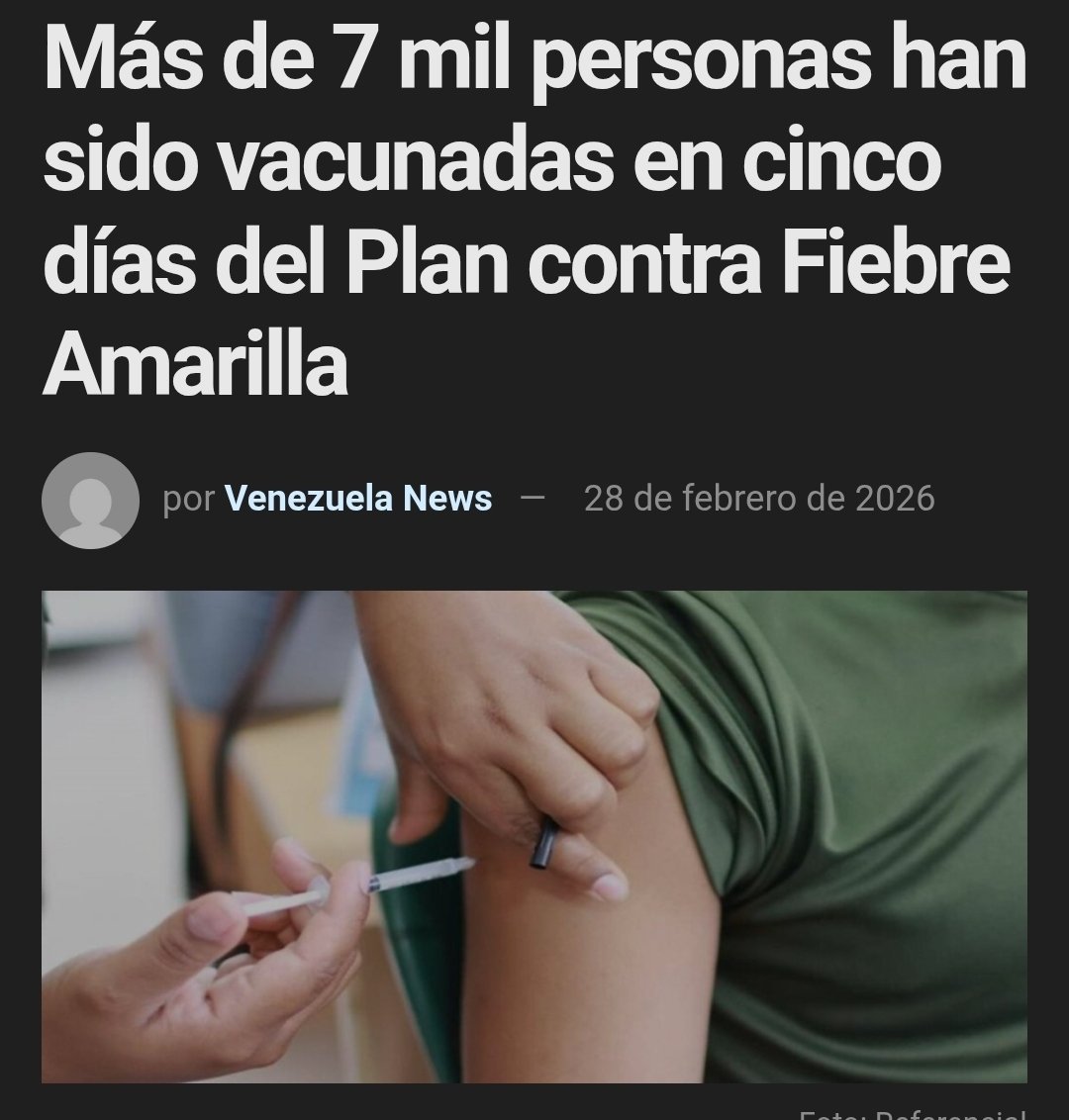 LeandroColinaL1's tweet photo. Vacunación contra la fiebre amarilla avanza con fuerza en Venezuela: en solo cinco días ya se han inmunizado 7.910 personas, con 80% de cobertura en el componente activas en 22 parro militar y jornadasquias de Lara, Portuguesa, Barinas y Aragua. La campaña está dirigida a personas sin dosis previa de 1 a 59 añosAmarilla #Vacunación. #Salud #Fiebre #Venezuela #Prevención #SaludPública
#BBB26 #BBMzansiS6 #bbvipks4 #amici25