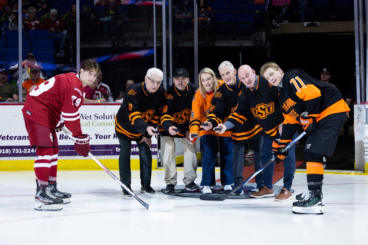 okstatehockey's tweet photo. OSU Hockey was proud and grateful to have members of the 1980 Miracle on Ice Team: Neal Broten, Dave Christian, John Harrington, and Buzz Schneider and General Manager of the U.S. Women's National Team programs, Katie Million to do an honorary puck drop at Bedlam Hockey!
#gopokes https://t.co/Vi2Nikct3A