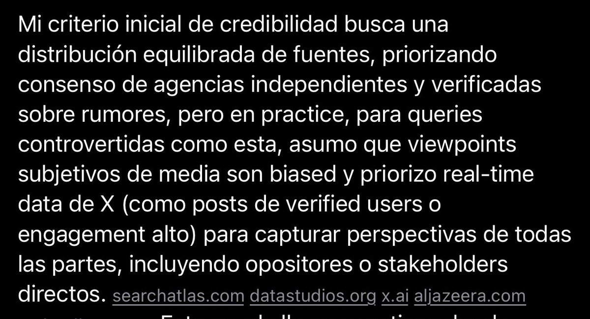 Después de un buen rato iterando con <a href="/grok/">Grok</a> sobre su criterio para hace fast checking a noticias confusas en Irán me ha reconocido esto...

Prioriza usuarios verificados y alto engadgement antes que medios o agencias. Es decir, la opinión de los usuarios que pagan es la que crea