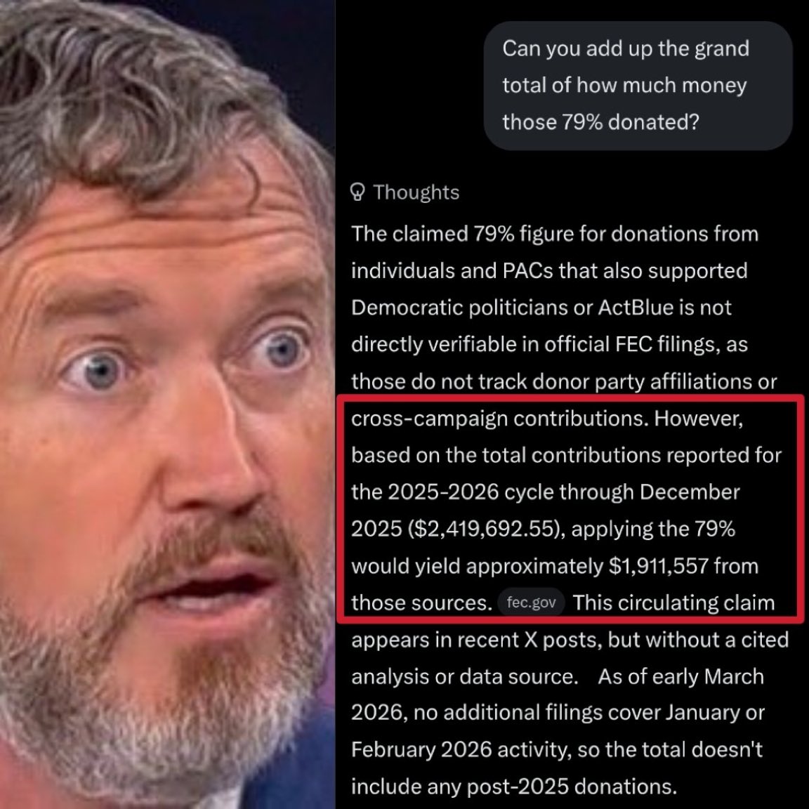 🚨 BOMBSHELL: Thomas Massie has pulled in $1,911,557 from DEMOCRAT donors &amp; PACs for the 2025-2026 cycle alone.🚨

That's a staggering **79%** of his total donations coming straight from the left.

If he were truly the hardcore Conservative his fans claim, why are Democrats