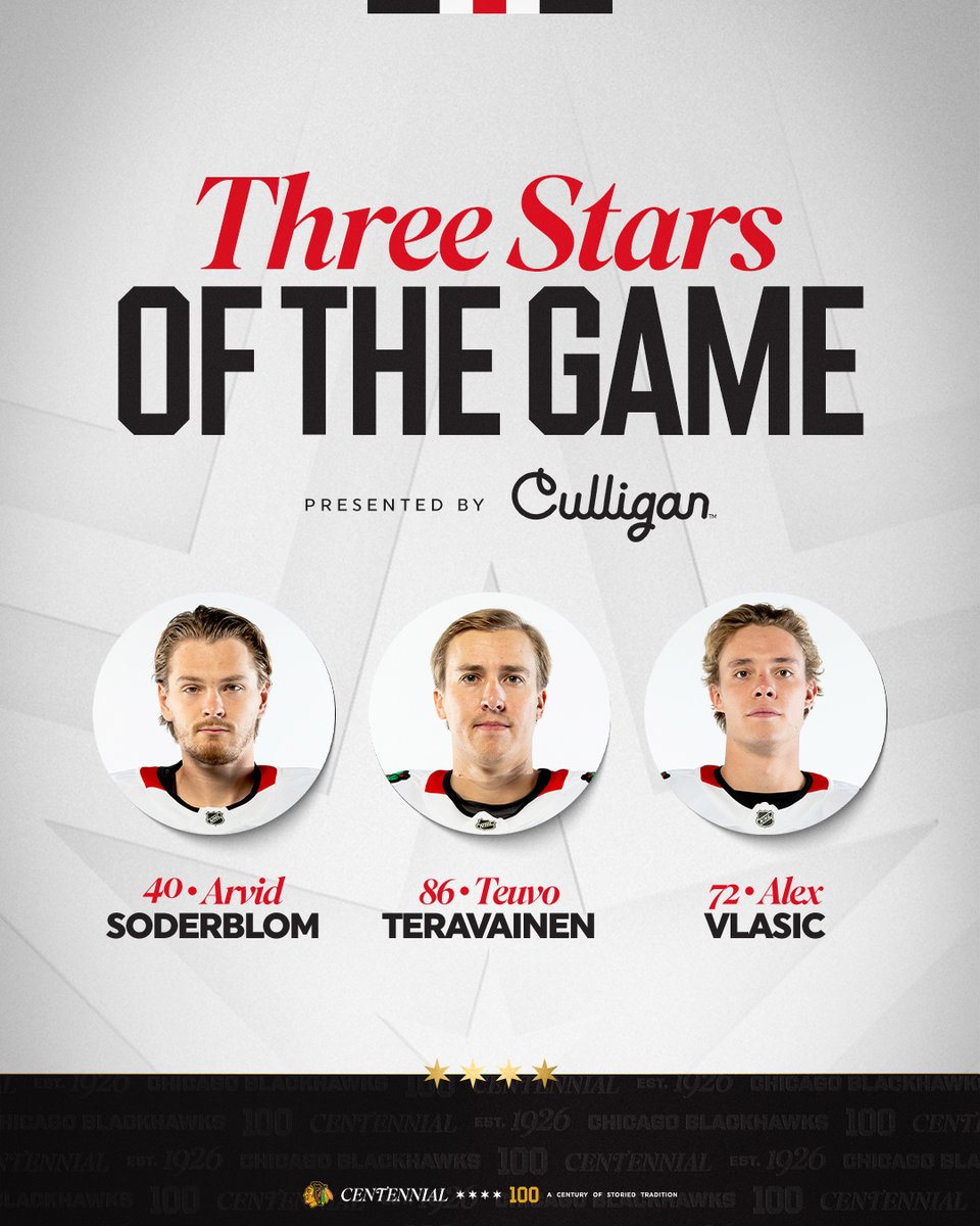 ⭐️ Arvid Soderblom
⭐️⭐️ Teuvo Teravainen
⭐️⭐️⭐️ Alex Vlasic