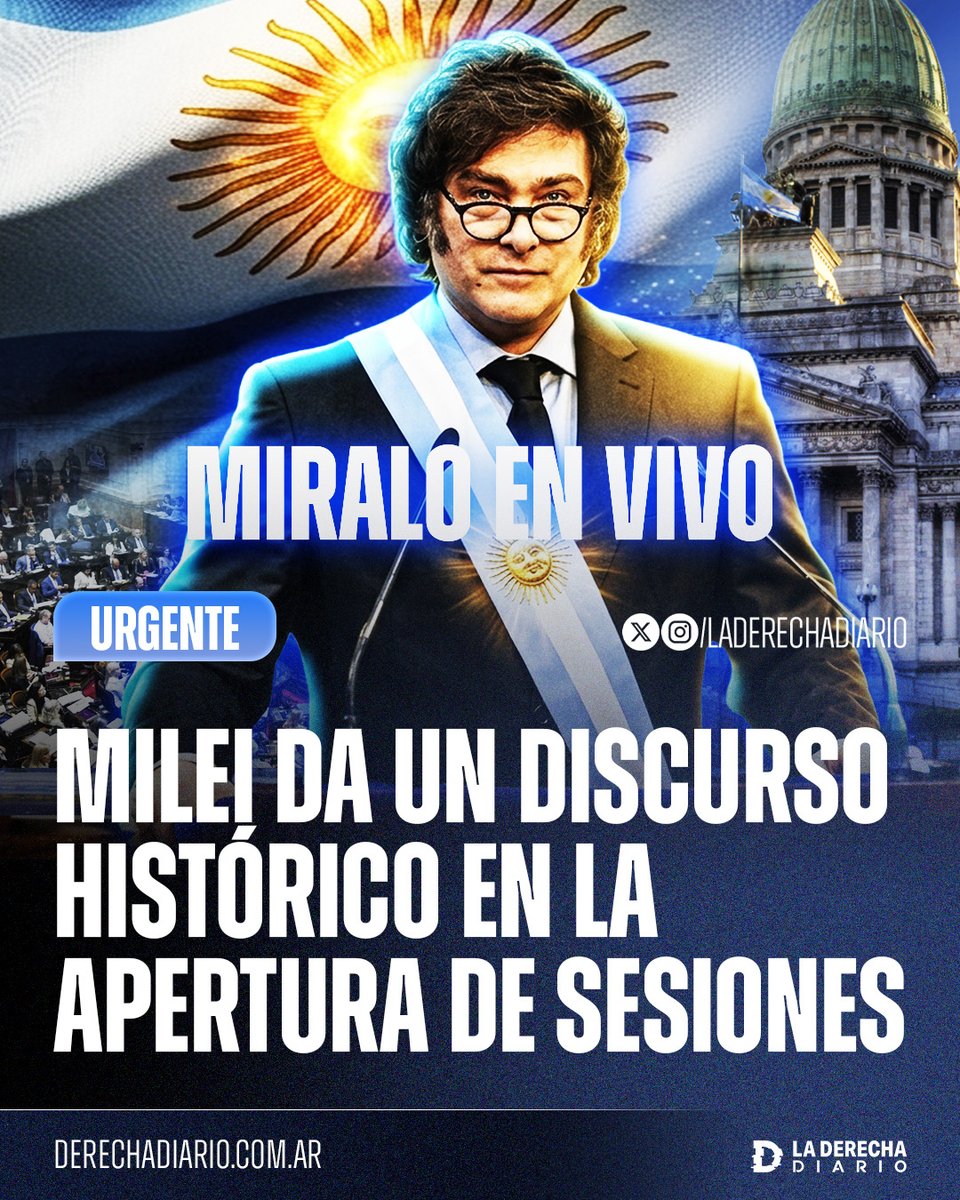 🚨🇦🇷 | #AHORA SE VIENE: El presidente Javier Milei da un discurso histórico ante el Congreso para la apertura de sesiones ordinarias, tras aprobar todos los proyectos en las extraordinarias.

MIRALO EN VIVO: youtube.com/live/WmjS_sHCM…