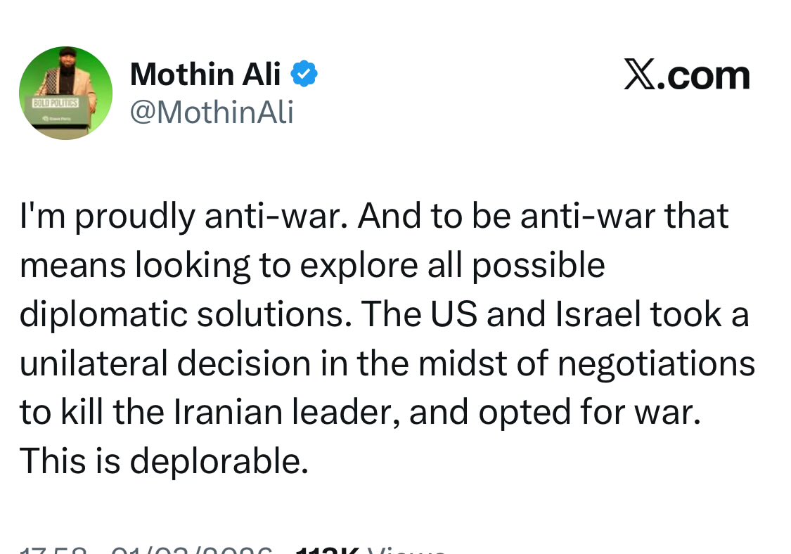 No you aren’t. You loved war on 7 October.
You marched through our streets screeching for war.
You don’t recognise Israel as you “explore” solutions.
You’re lying <a href="/MothinAli/">Mothin Ali</a>. You seem to like war quite a lot when Jews die. But when they win, why then you’re “proudly anti-war”.