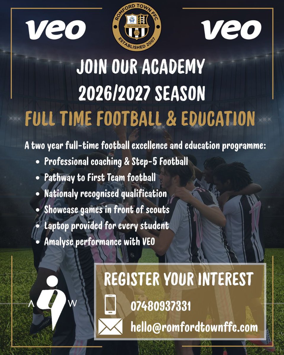 🎓⚽️ JOIN OUR ACADEMY – 2026/2027 SEASON ⚽️🎓
Ready to take your game to the next level?
Our full-time Football &amp; Education programme offers a two-year pathway designed for ambitious players who want to develop on and off the pitch.
#VEO #NonLeagueFootball #NextLevel