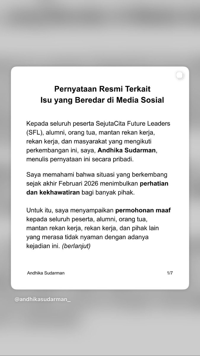 Berikut pernyataan resmi saya terkait isu yang beredar di media sosial (thread).

Link to Instagram Post: instagram.com/p/DVXEy32Esxu