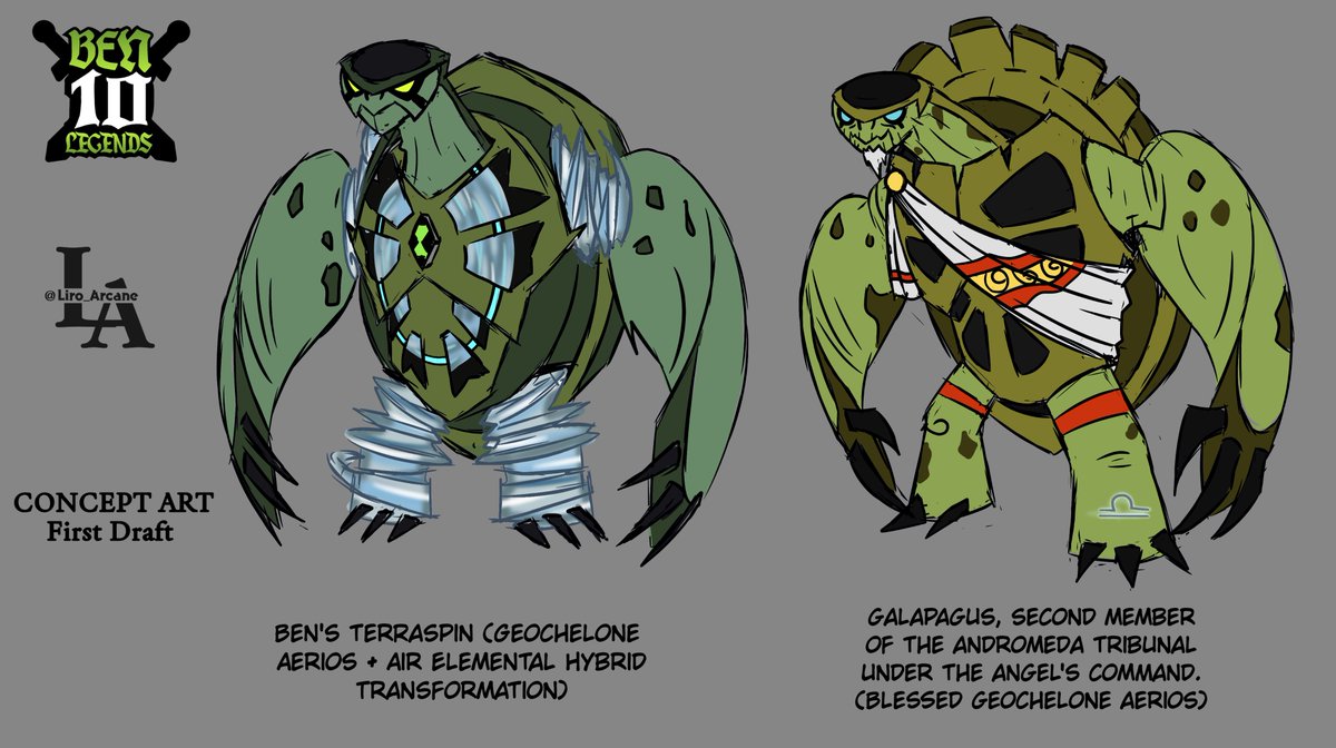Comparation between Terraspin and Galapagus in the AU.  
The Geochelone Aerios are a species of sage "monks", and as they grow old, they learn to develop an affinity for natural energies such as chakra, making them immune to magic.

#arcanematrix #ben10au #ben10legends #Ben10