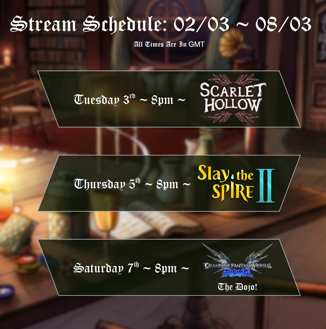 Presenting this week's schedule! I'm pretty excited about this one - I've heard good things about Scarlet Hollow, StS2 comes out on Thursday and we have the final session of the Dojo pilot season this week!

#Vtuber