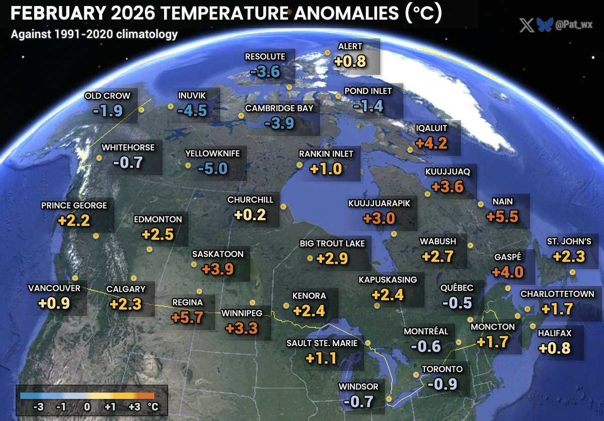 Pat_wx's tweet photo. February 2026 temperature anomalies in Canada. Overall warmer than normal, with colder spots in Southern QC and Ontario, and in the northwest. https://t.co/b3hQK1DCMI