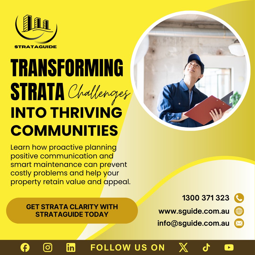 StrataGuide's tweet photo. Transform strata challenges into thriving communities with proactive planning, clear communication and smart maintenance that preserves value and boosts resident happiness. 💬🏘️

#Strata #Stratacommunity #SmartMaintenance #PropertyManagement https://t.co/iVvedeF5Tn