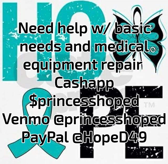 princesshoped's tweet image. I need 200 for electric by Tuesday and 100 for my washer dryer bill
Please help a Myasthenic get to the next level #MutualAidBoost #PayItForward
