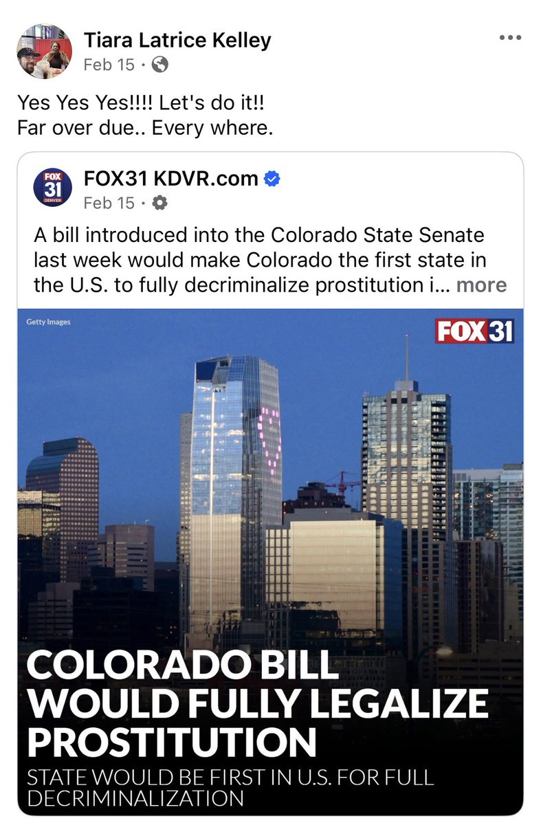 Meanwhile in Colorado… 

📢 This biological male, prostitute, drag queen, child abuser (all facts — not accusations) managed to: 

• Pass “Tiara’s Law” allowing anyone who identifies as trans to erase their criminal history (HB24-1071)  

• Pass 1312 which makes it illegal to