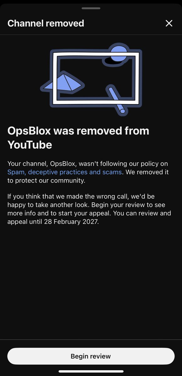 OpsbloxReal's tweet photo. @TeamYouTube 

my channel (Opsblox) was terminated for Spam, scams or commercially deceptive content. I have appealed and was rejected. I believe this was an error. I never posted links, offered or guaranteed anything in return. Please Help! I believe this was an mistake. https://t.co/mM8lzAZzHk
