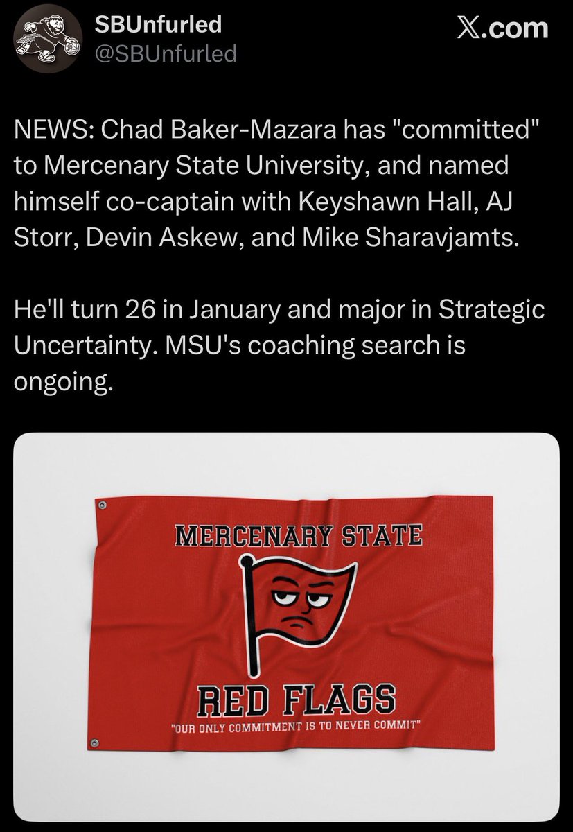 SBUnfurled's tweet photo. NEWS: Mercenary State University will honor captain Chad Baker-Mazara next season by retiring numbers 44, 20, 10, and 4, along with co-captain Keyshawn Hall's 14, 4, and 7.
#RedFlagNation https://t.co/OnzlfD9JLZ