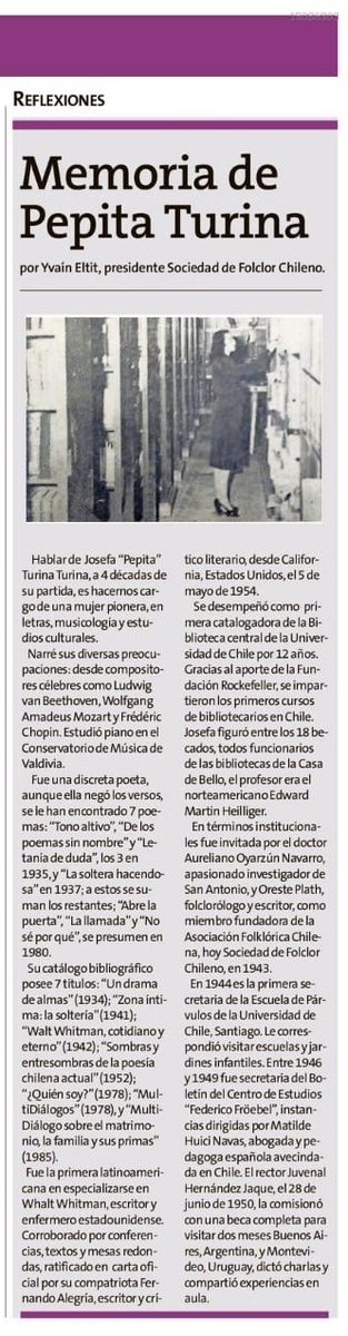 Folclor_Chileno's tweet photo. Reflexiones
Memoria de Pepita Turina
por @YvainEltit 
presidente Sociedad de @Folclor_Chileno 
Diario El Líder de San Antonio, domingo 1 de marzo 2026, página 14 Estrellas https://t.co/lqdhVozE9c