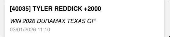 shaun_traylor9's tweet photo. Reddick 20-1  💰(thanks Circa)
Reddick +220 T5 💰
Reddick -130 T10 💰
Elliott +115 T10 💰
Dinger +145 T10 💰
McDowell +160 T10 💰 
McDowell +400 T5 💰 
Buescher > Ross +350 💰

15.5 unit day
Great DFS Day too
Big Up to @ChrisPennell16 as always https://t.co/VcR8djG0Ha