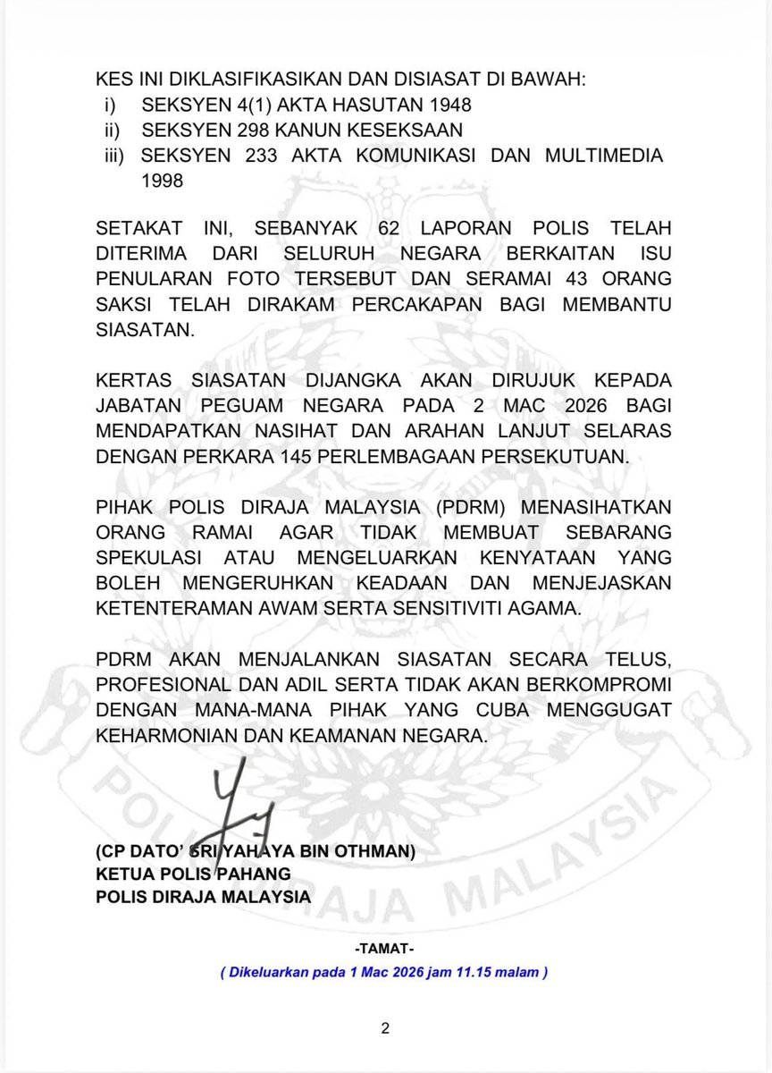 KENYATAAN MEDIA KETUA POLIS PAHANG

Sumber: Polis Pahang

Bacaan lanjut menerusi pautan seperti berikut,
facebook.com/share/p/1BDa3J…