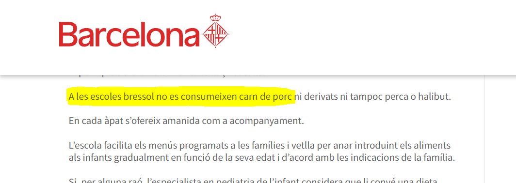 Es bastante preocupante que se haya aceptado como lo más normal del mundo que en la web del Ayuntamiento de Barcelona podamos leer: "En las guarderías no se consume cerdo"

Sin justificación científica o sanitaria, han privado a TODOS los niños de un buen alimento como el cerdo.