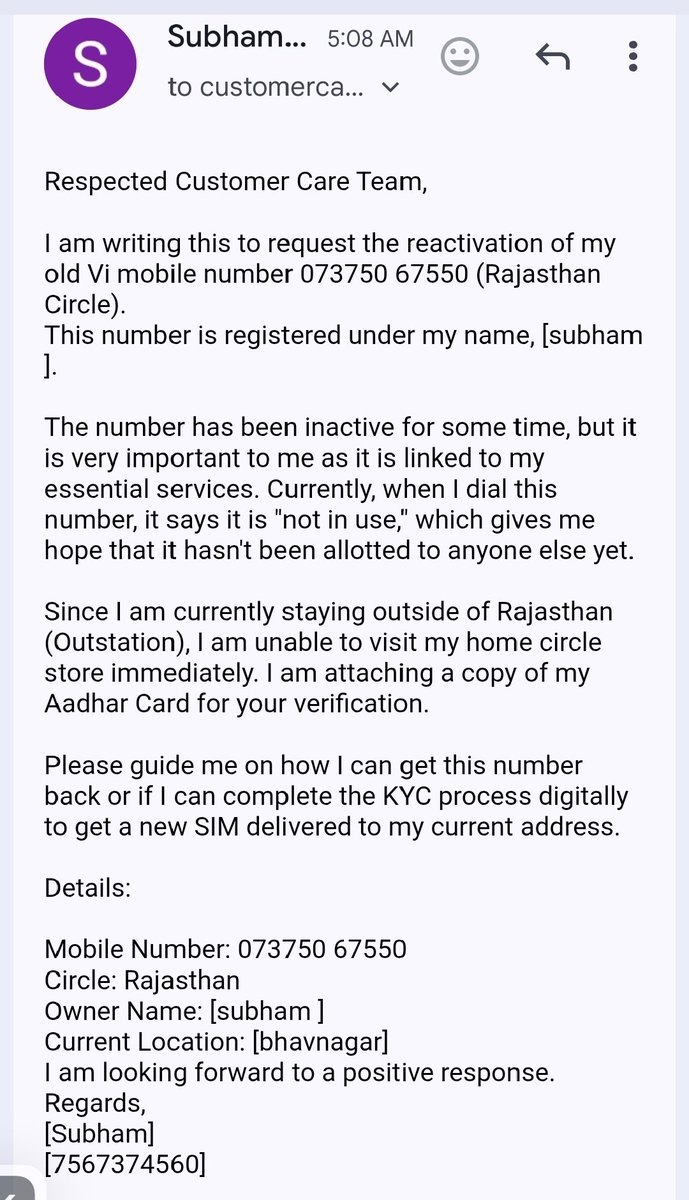 subham9571's tweet image. @ViCustomerCare My old number 07375067550 is inactive and shows 'not in use' when dialed. It is registered in my name (subham). I am currently staying outstation and cannot visit a store in Rajasthan. Please help me with the reactivation process. #ViSupport #Rajasthan" #Vodafone