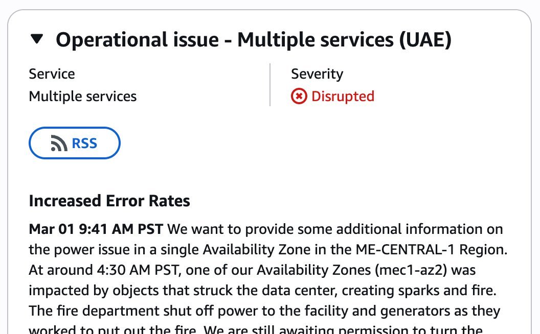 Fabricio_Sasaki's tweet photo. Irã explodiu mísseis no datacenter da Amazon AWS.

CLOUD: Servidor alugado dos outros.
Sempre tenha redundância em mais de 1 zona/localidade cloud. https://t.co/1l7z06oY1F