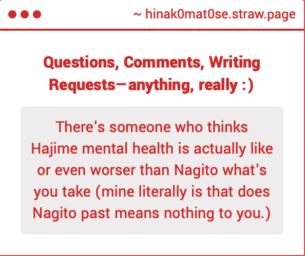 umm this is just my opinion so pls take it with a grain of salt but honestly i think hajime and nagito are appealing bc of their respective ups and downs + the thematic of growing up too quickly or being robbed of crucial youth