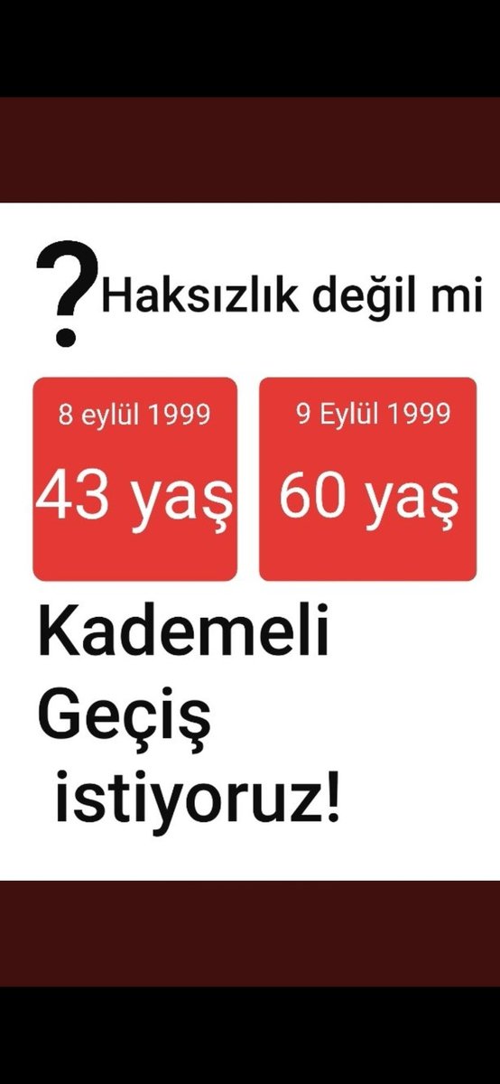 <a href="/sghab55/">KADEME HABER</a> <a href="/isikhanvedat/">Prof. Dr. Vedat Işıkhan</a> <a href="/csgbakanligi/">T.C. Çalışma ve Sosyal Güvenlik Bakanlığı</a> <a href="/AhmetAYDIN_02/">Ahmet AYDIN</a> <a href="/mustafaelitas/">Mustafa Elitaş</a> <a href="/suatkilic/">Suat KILIÇ</a> <a href="/ankahabera/">ANKA Haber Ajansı</a> <a href="/avidrissahin/">Av. İdris Şahin</a> <a href="/sgksosyalmedya/">SGK</a> <a href="/iscihaber/">İşçi Haber</a> <a href="/gamzetascier/">Gamze Şengel TAŞCIER</a> <a href="/EmadDernegi/">EMEKLİLİKTE ADALET DERNEĞİ ⚖️</a> Kademeyi getirin yüzyılın adaletsizliğini bitirin birine 43 yaş emeklilik diğerine 60 yaşında mezarda emeklilik Türkiye şartlarında 60 yaş nasıl olacak özel sektörde.. <a href="/ZeybekciNihat/">Nihat Zeybekci 🇹🇷</a> <a href="/zorlu77/">Prof.Dr.Kürşad ZORLU</a> <a href="/AvOzlemZengin/">Av. Özlem Zengin 🇹🇷</a> <a href="/akbasogluemin/">Av. M.Emin AKBAŞOĞLU 🇹🇷</a> <a href="/jsarieroglu/">Jülide Sarıeroğlu 🇹🇷</a> <a href="/avcahitozkan/">Cahit ÖZKAN</a> <a href="/efkanala/">Efkan Âlâ</a>

 #KademeliGeçişŞart