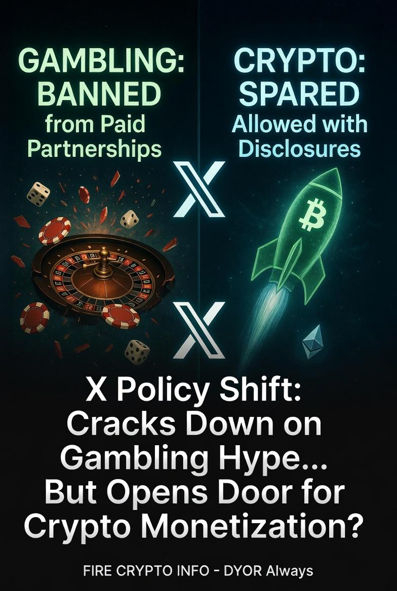 FireCryptoInfo's tweet photo. X policy shift: Paid partnerships now ban promotions for gambling (casinos, sports betting, lotteries). Crypto? Recently removed from prohibited list, opening doors for compliant influencer/KOL deals with clear disclosures. Platform cracking down on high-risk gambling hype while giving Web3 more room? We are at the beginning of a revolution of sorts. DYOR always.