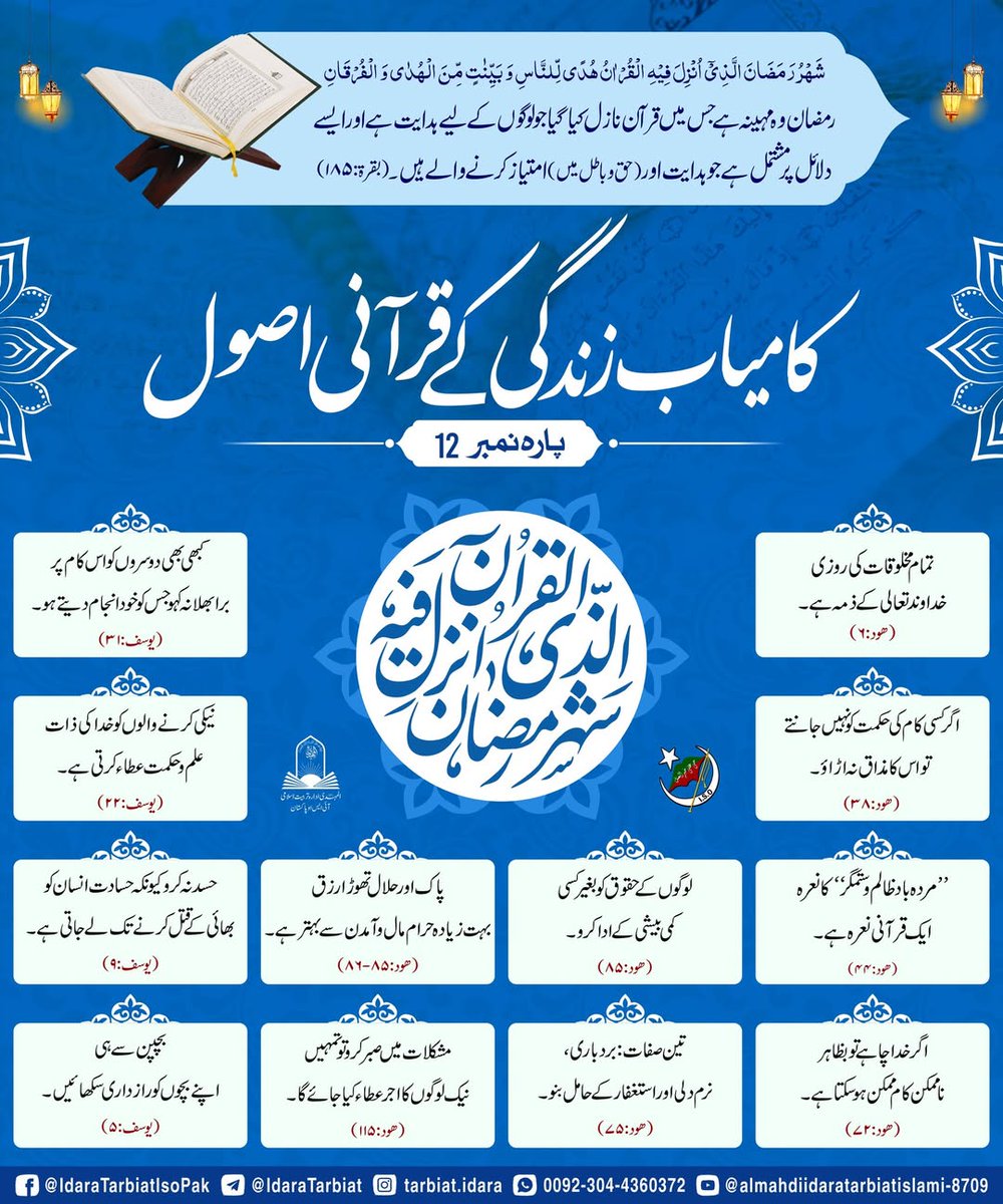 ISOPakTalibat's tweet photo. کـامـیـاب زنـدگـی کـے قـرآنـی اصـول
پــارہ نـمـبـر-12

#ISOPakistan
#IdaraTarbiat
#IMHT
#Ramzan https://t.co/czAj9ZDume