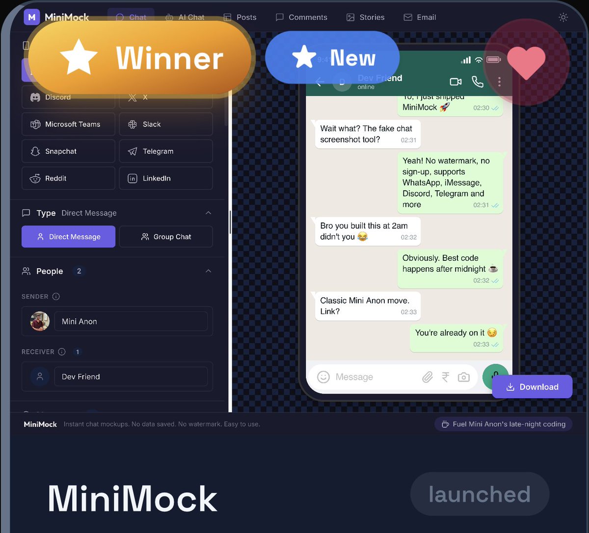 Massive congratulations to MiniMock and <a href="/Tusharab2004/">Tushar Bhardwaj</a> on winning the first SaaS Market competition with 280 hype points!

An absolutely incredible number!

Well deserved for your great product that lets you create chat mockups in seconds.
