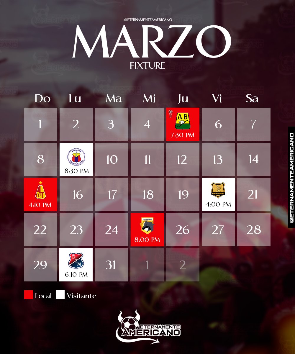 Este será el calendario de partidos de América de Cali para el mes de marzo. El próximo jueves, se juega la vida en San Fernando.

¡Vamos Mecha! 👹🇦🇹