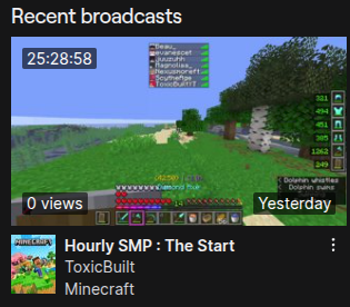 And with that, my first and the current longest <a href="/HourlySMP/">Hourly SMP ⏰💜</a> stream has come to a close at over 25 hours. And a whopping 389.9 GiB.
Despair, hope, tragedy, and triumph all packed into one 25 hour stream.
Thank you to everyone that attended.