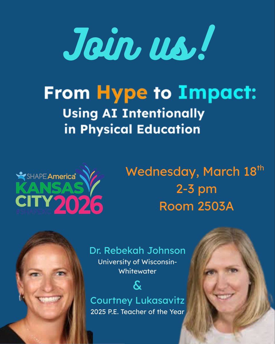 Courtney_Luka's tweet photo. In our @SHAPEAmerica session, you will be able to…
• Master AI prompts
• Build and improve standards-based assessments with ease
• Differentiate lessons for every student
• Improve communication
• Create custom music
#SHAPEKC #PhysEd #pegeek https://t.co/7eLuiPMMUa