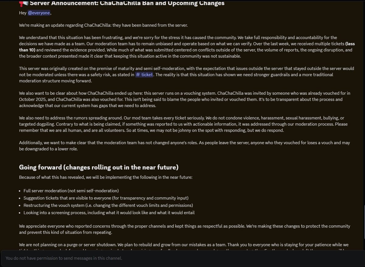 Only taking accountability when ur called out, not to mention that ChaChaChilla isn't the only problem. Deleting and ignoring reports is a problem. And for your stupid definition of harassment: Sending ur community to tell someone to kys is harassment