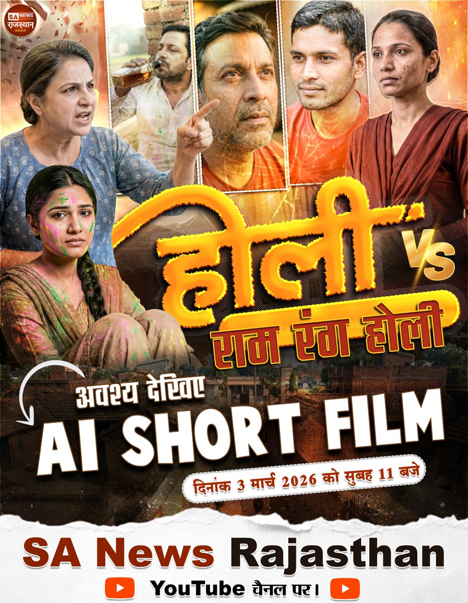 होली VS राम रंग होली - अवश्य देखिए AI SHORT FILM दिनांक 3 मार्च 2026 को सुबह 11 बजे SA News Rajasthan YouTube चैनल पर।
#ai #story #viral