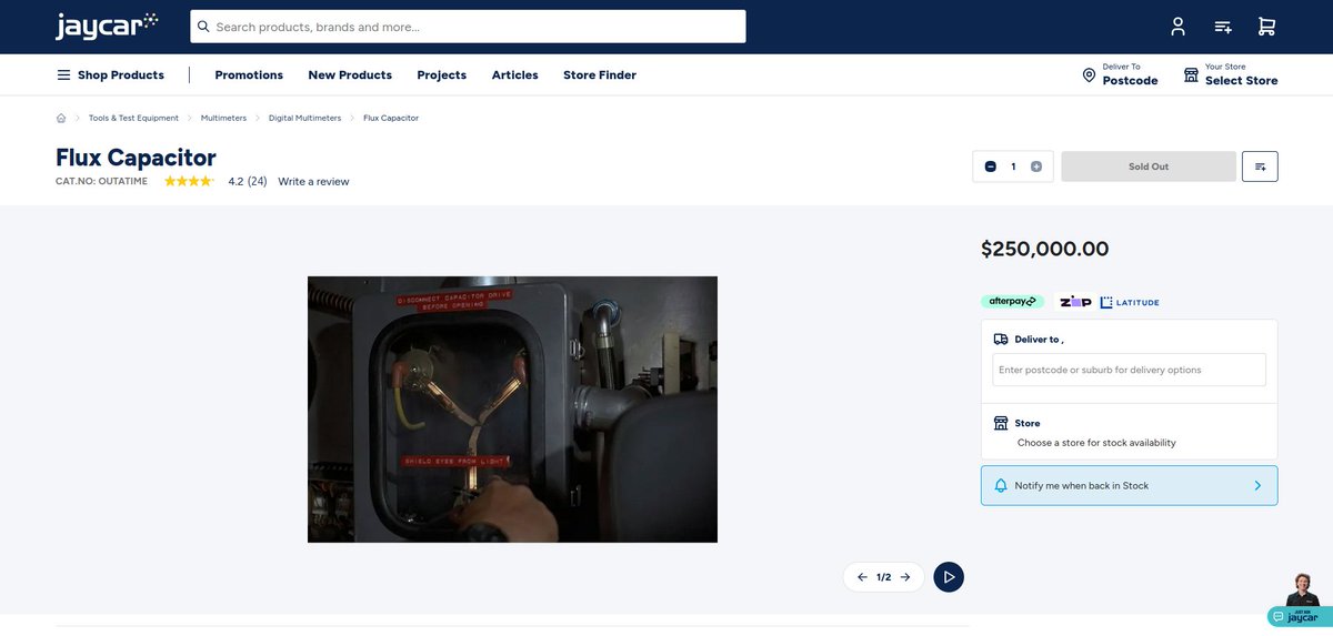 Famicuber's tweet photo. So I apparently found a joke listing for the flux capacitor while looking for multimeters on JayCar's website. https://t.co/o7uV4XaPU7