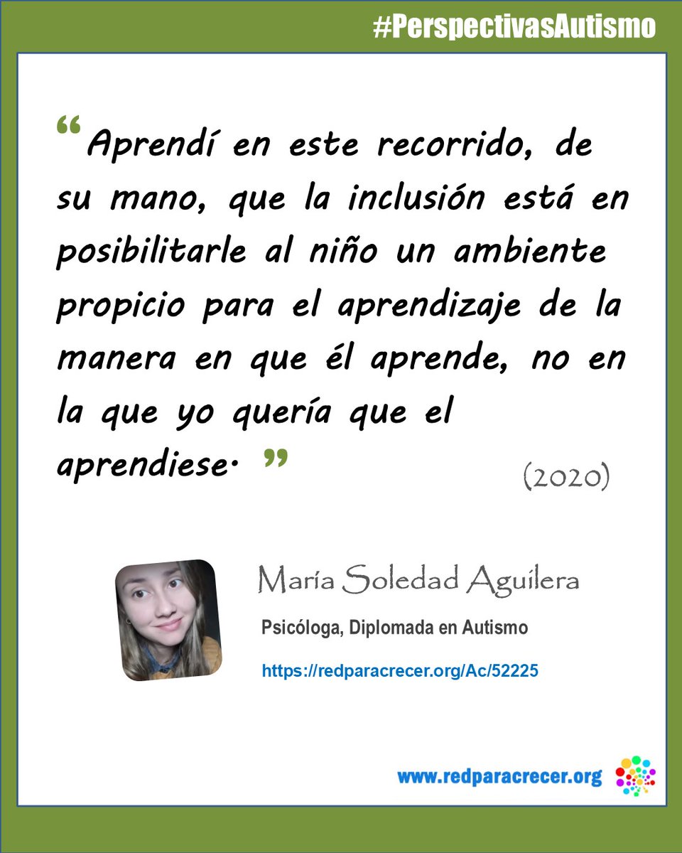 RedParaCrecer's tweet photo. "Aprendí en este recorrido, de su mano, que la inclusión está en posibilitarle al niño un ambiente propicio para el aprendizaje de la manera en que él aprende, no en la que yo quería que el aprendiese."
Maria Soledad Aguilera
Psicóloga, Diplomada en #Autismo
#PerspectivasAutismo https://t.co/pXxeLgWzm7