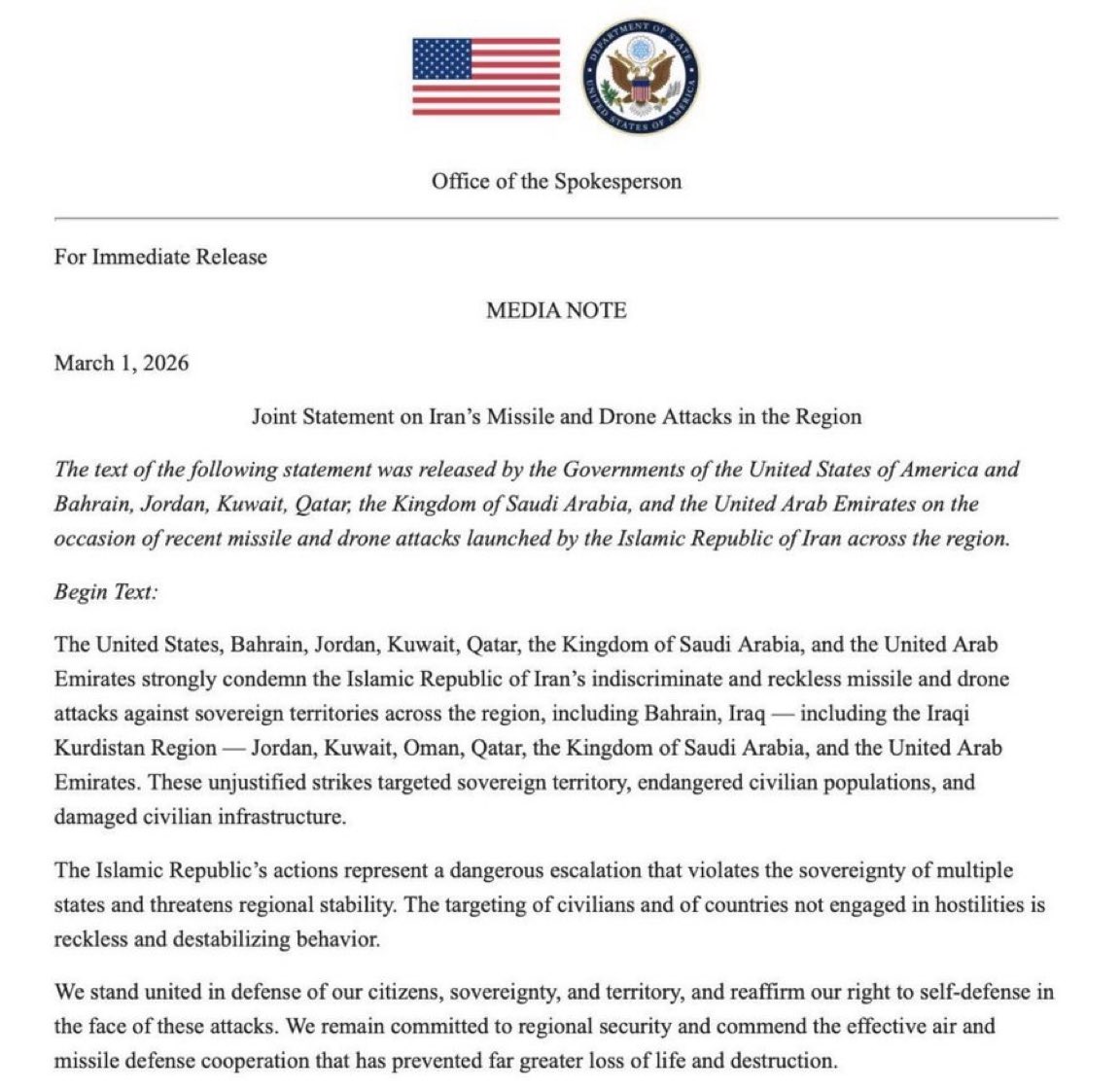 BREAKING : U.S., Bahrain, Jordan, Kuwait, Qatar, Saudi Arabia &amp; UAE condemn Iran.